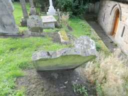 Oblique view of unknown headstone, c. 3m south of Vestry of Church of St. Ebba September 2016